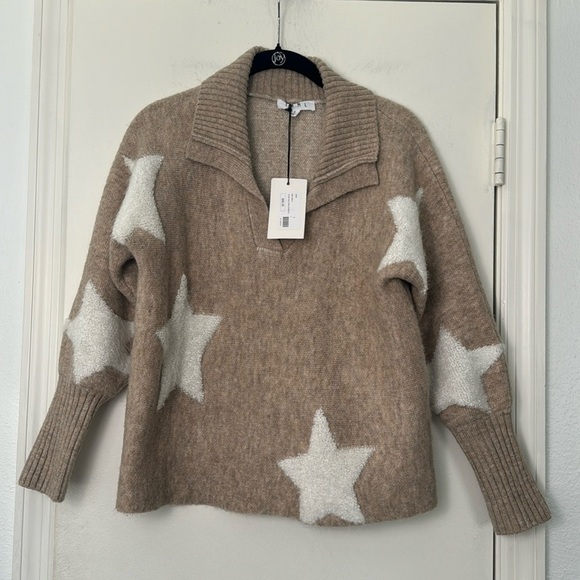THML Sweaters - NWT THML Tan Star V-Neck Business Casual Collared Cozy Sweater Size Small